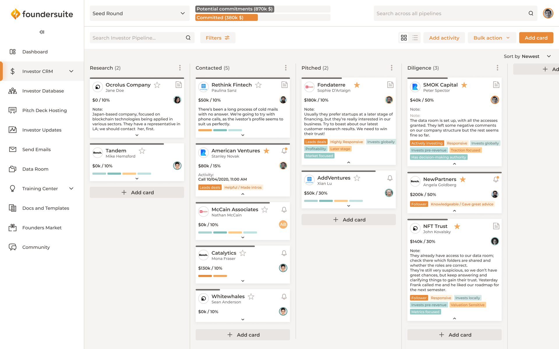 Foundersuite investor CRM pipeline